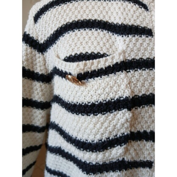 Dazy Womens Cardigan Sweater White Black Striped Size Medium Button Pockets - Picture 9 of 16